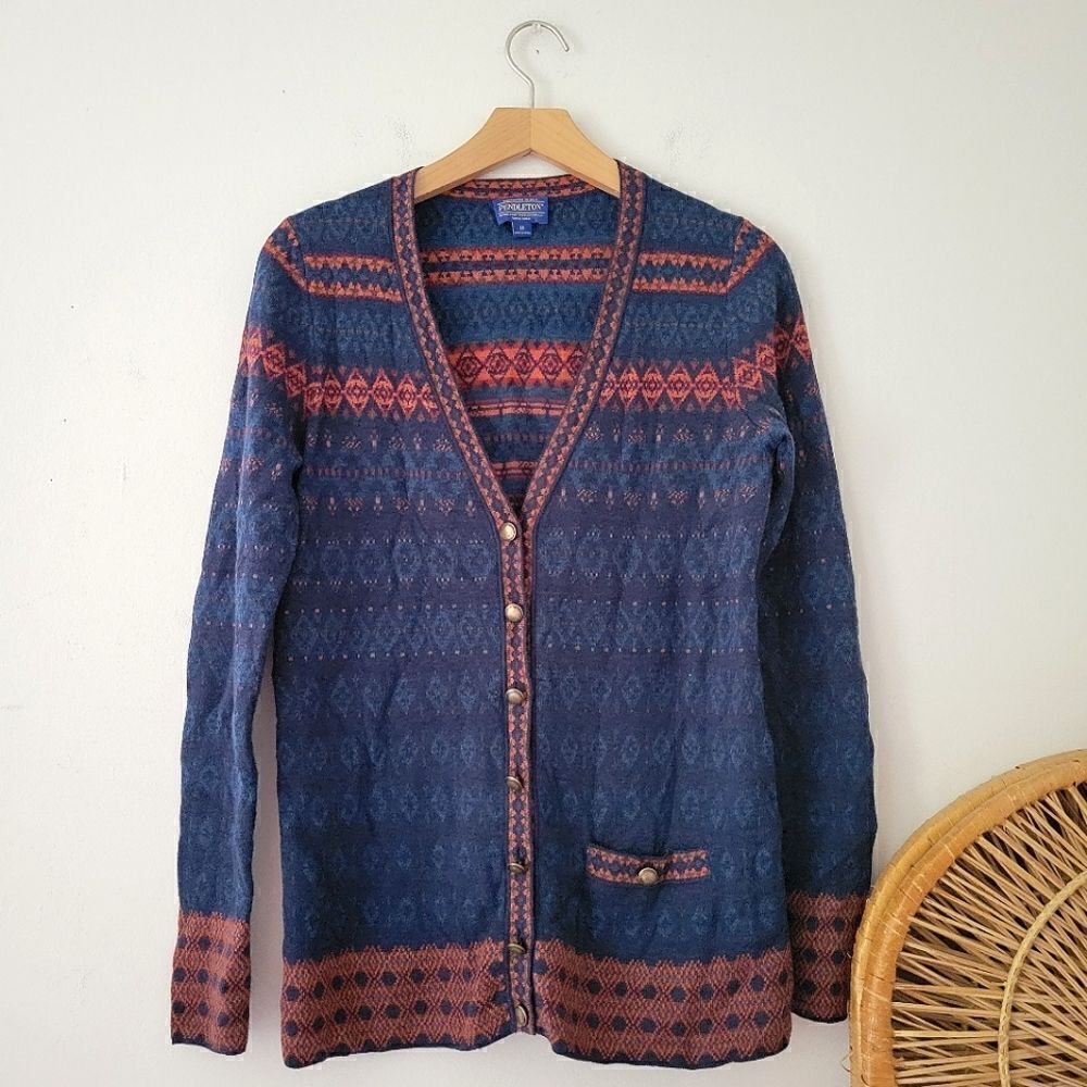 Pendleton Woollen Mills Blue/Orange/Red Southwestern Cardigan Sweater Merino M
